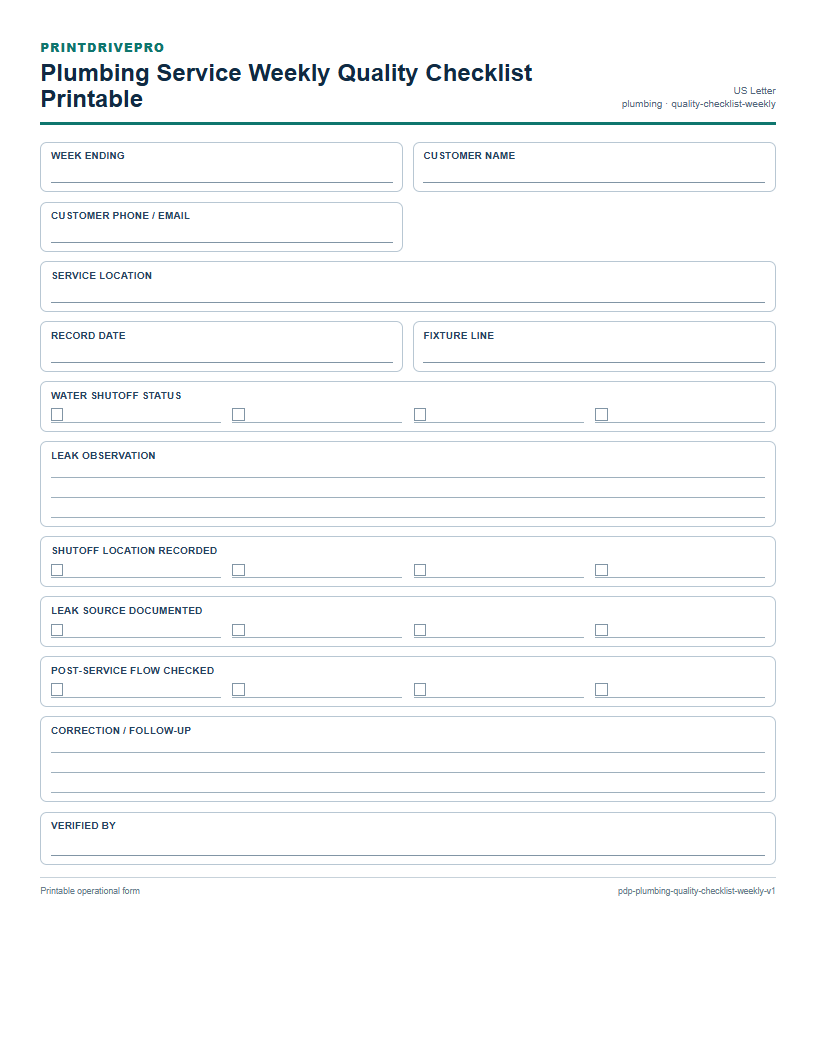 Plumbing Service Weekly Quality Checklist Printable preview