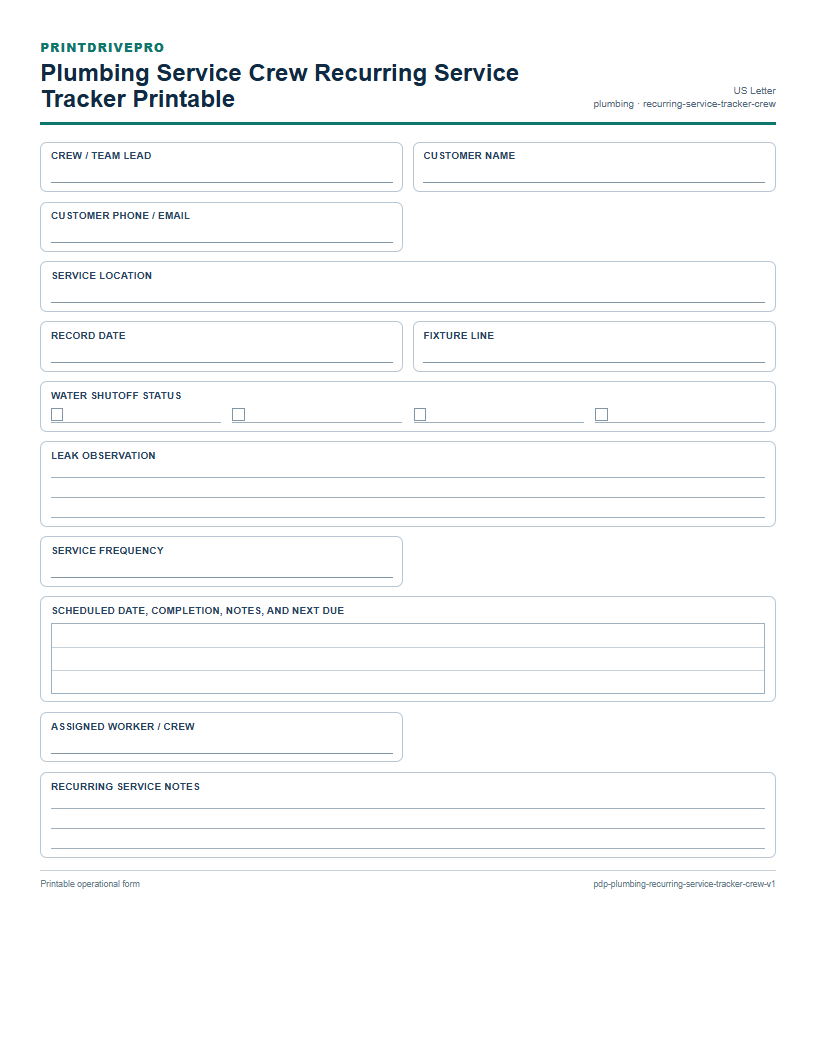 Plumbing Service Crew Recurring Service Tracker Printable preview