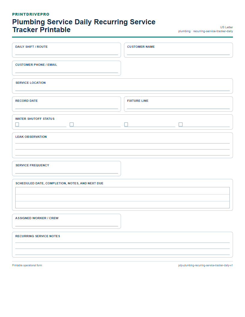 Plumbing Service Daily Recurring Service Tracker Printable preview