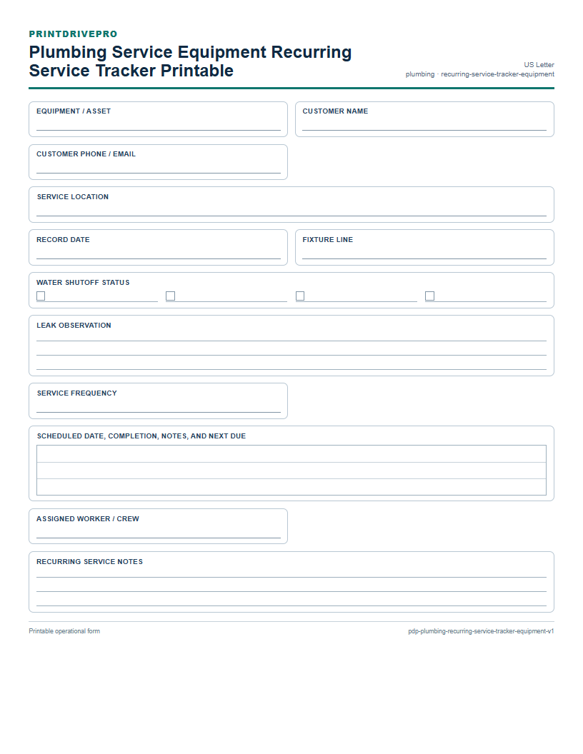 Plumbing Service Equipment Recurring Service Tracker Printable preview