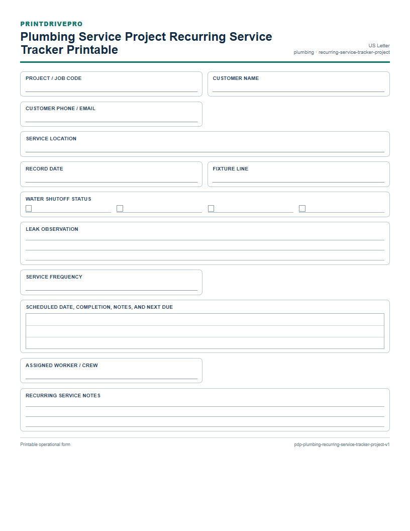 Plumbing Service Project Recurring Service Tracker Printable preview