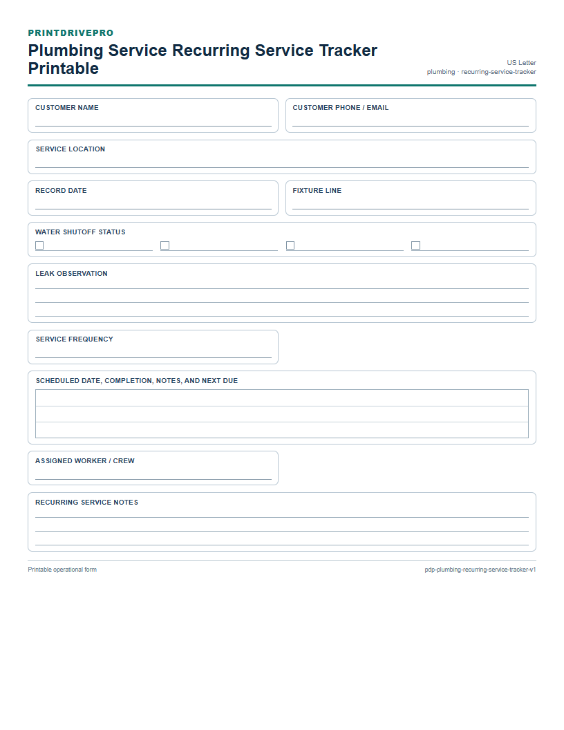 Plumbing Service Recurring Service Tracker Printable preview