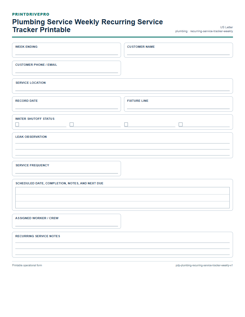 Plumbing Service Weekly Recurring Service Tracker Printable preview