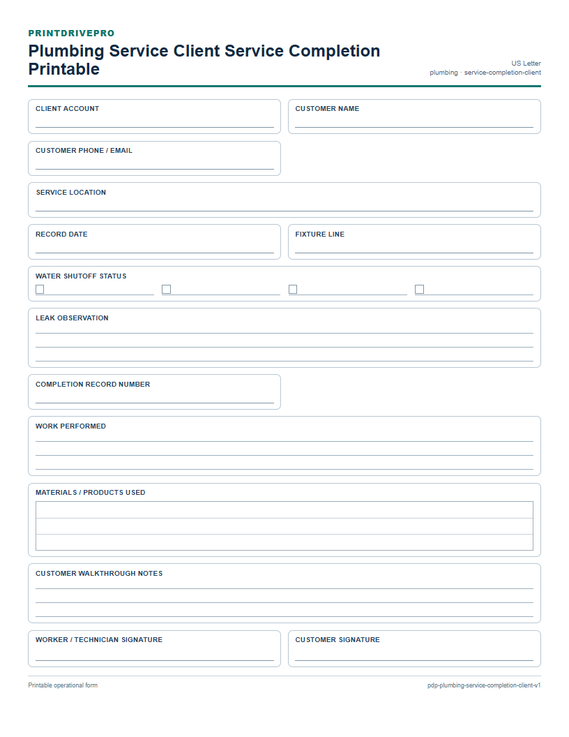 Plumbing Service Client Service Completion Printable preview