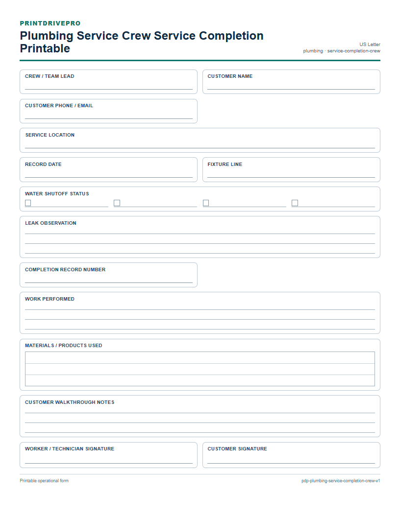Plumbing Service Crew Service Completion Printable preview