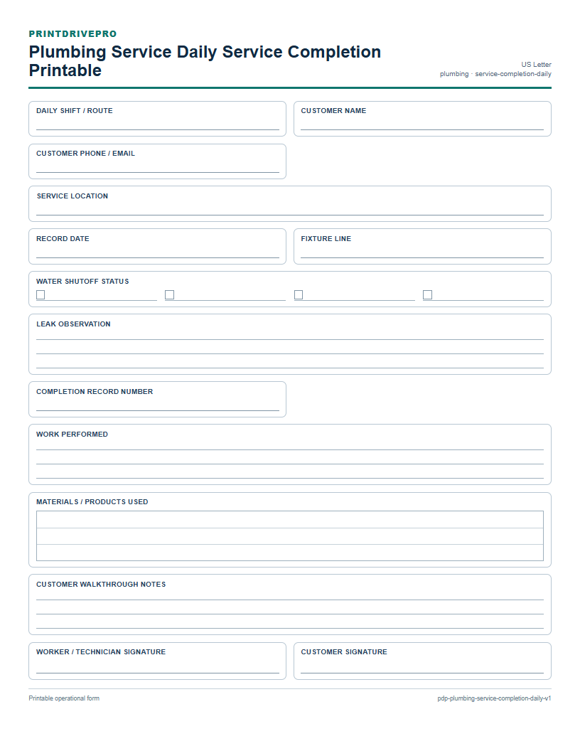 Plumbing Service Daily Service Completion Printable preview