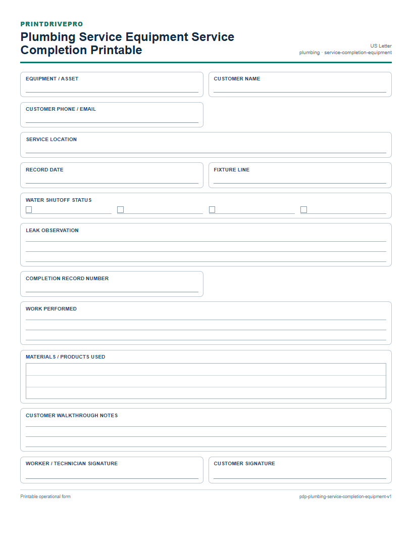 Plumbing Service Equipment Service Completion Printable preview