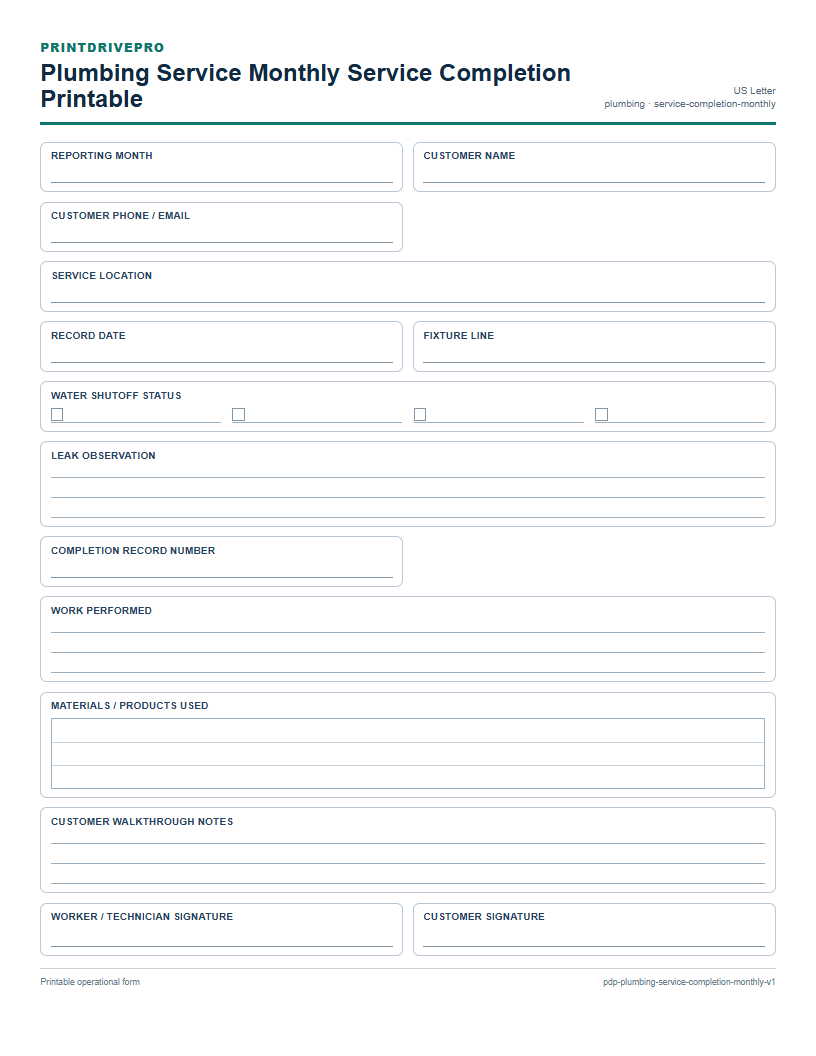 Plumbing Service Monthly Service Completion Printable preview