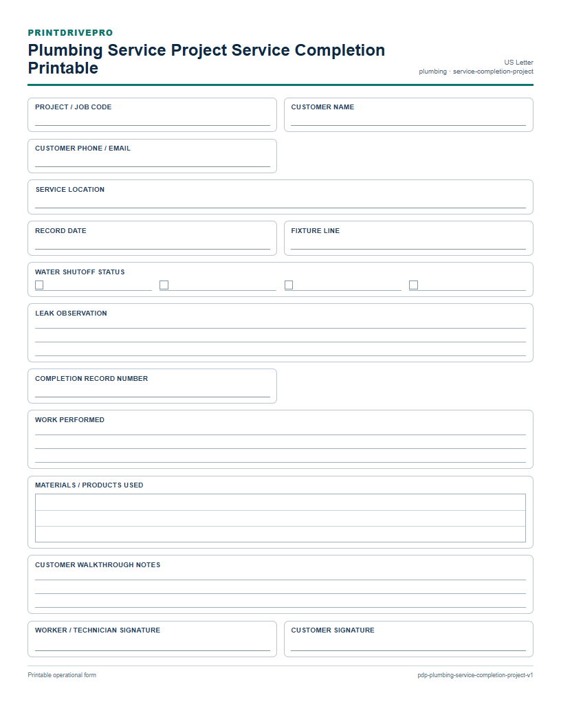 Plumbing Service Project Service Completion Printable preview