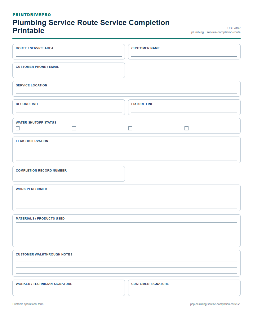 Plumbing Service Route Service Completion Printable preview