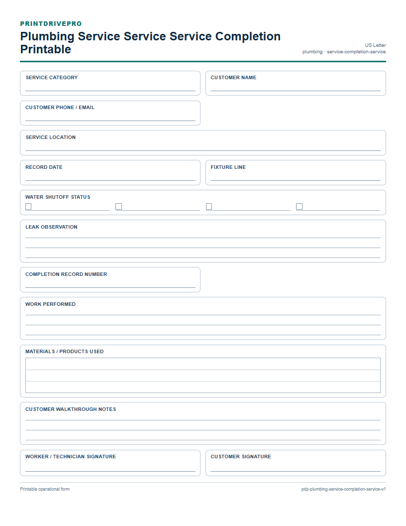 Plumbing Service Service Service Completion Printable preview