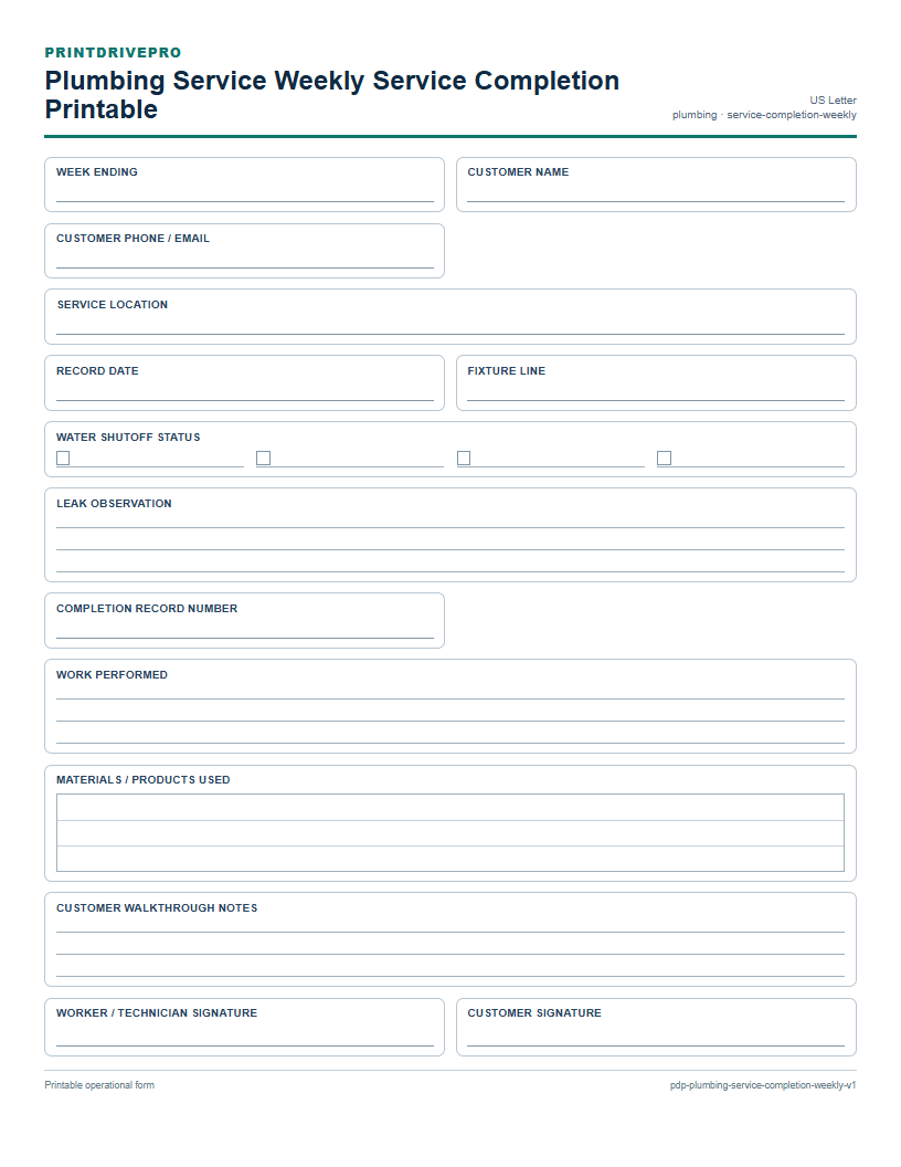 Plumbing Service Weekly Service Completion Printable preview