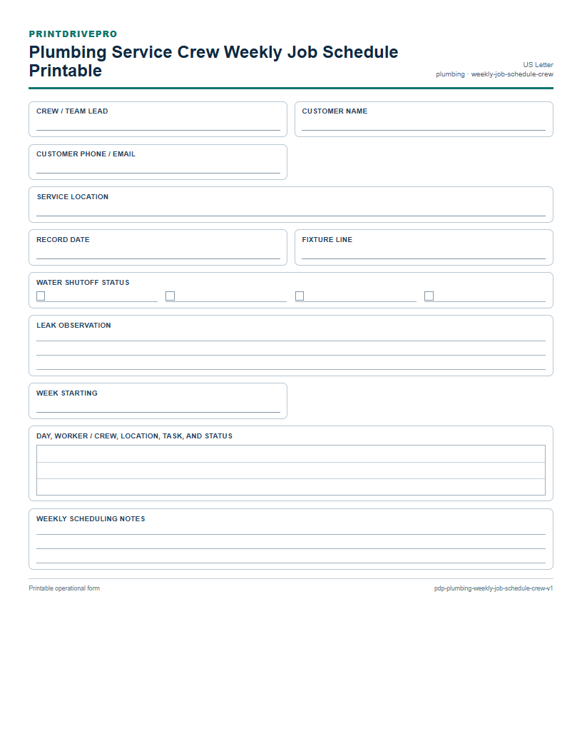 Plumbing Service Crew Weekly Job Schedule Printable preview