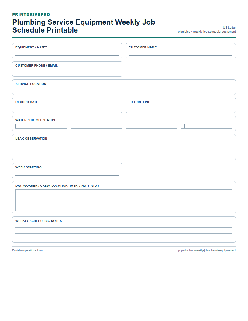 Plumbing Service Equipment Weekly Job Schedule Printable preview