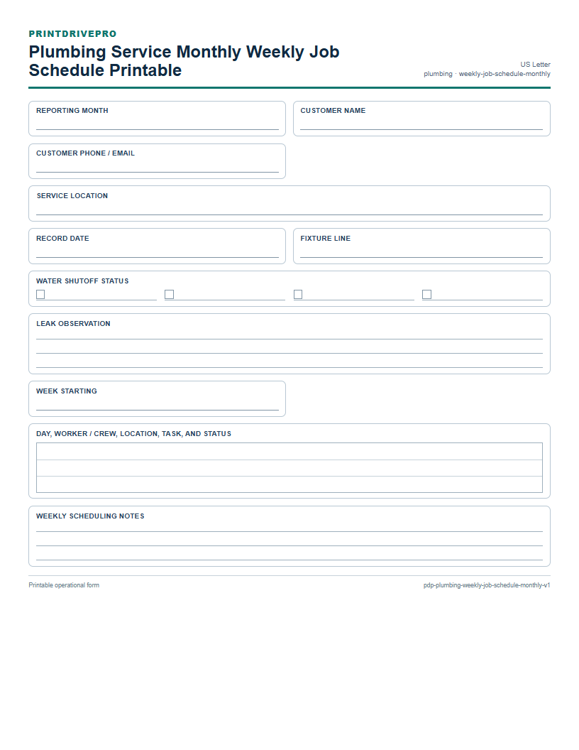 Plumbing Service Monthly Weekly Job Schedule Printable preview