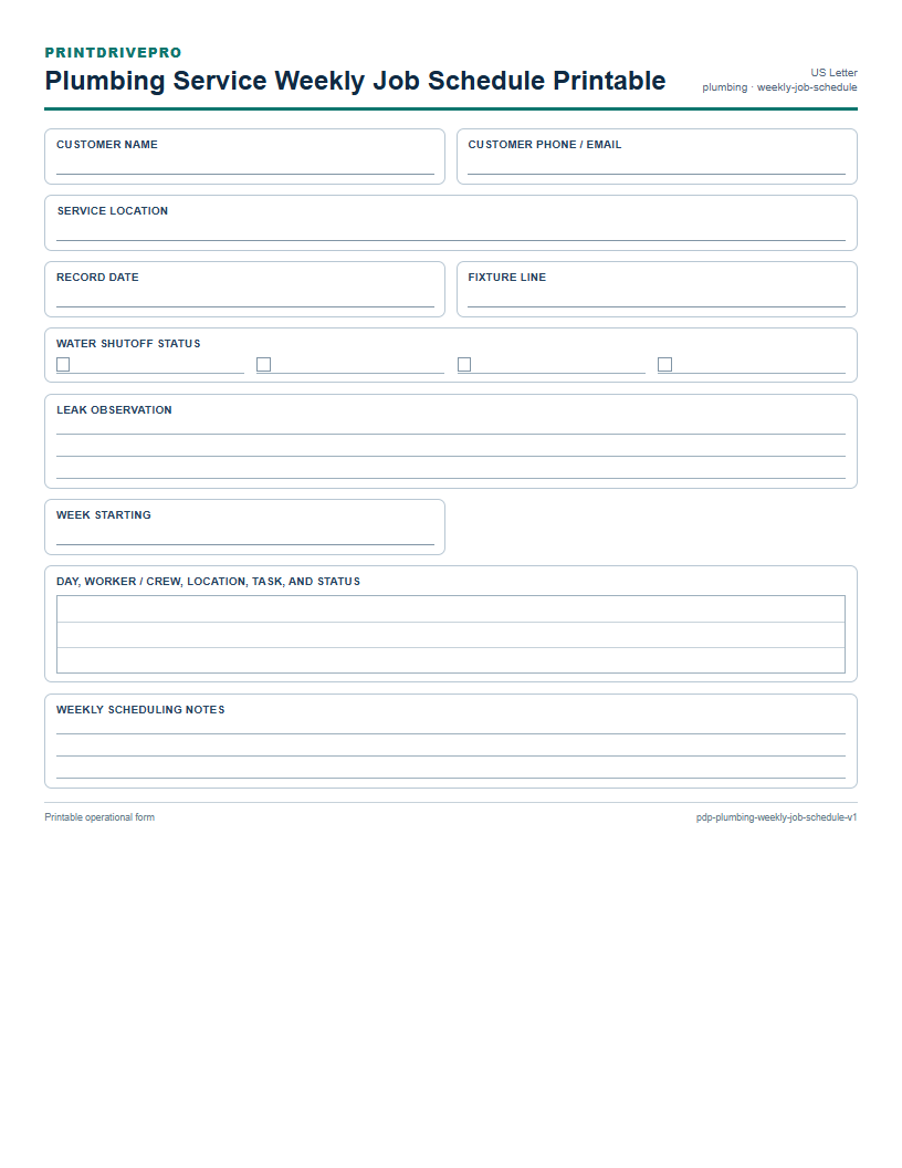 Plumbing Service Weekly Job Schedule Printable preview