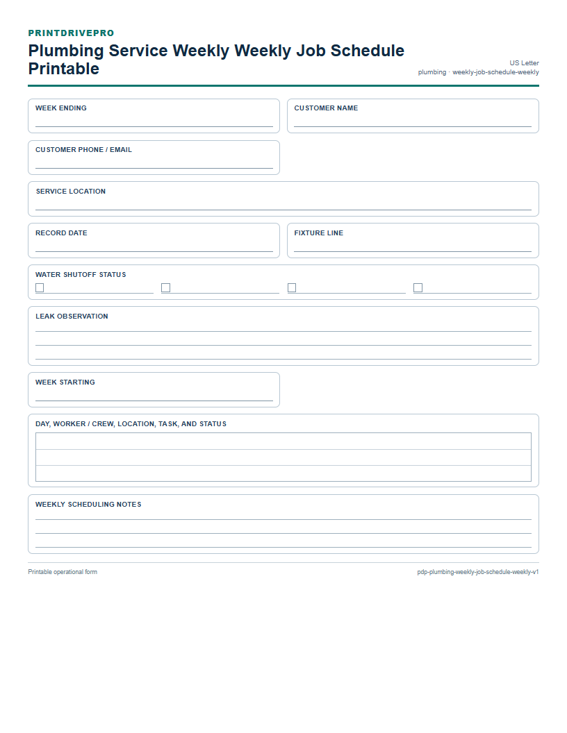 Plumbing Service Weekly Weekly Job Schedule Printable preview