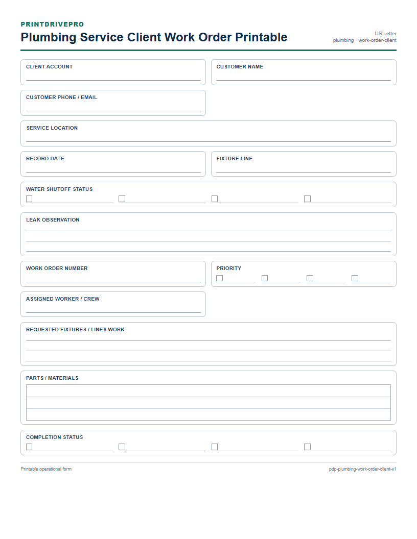 Plumbing Service Client Work Order Printable preview