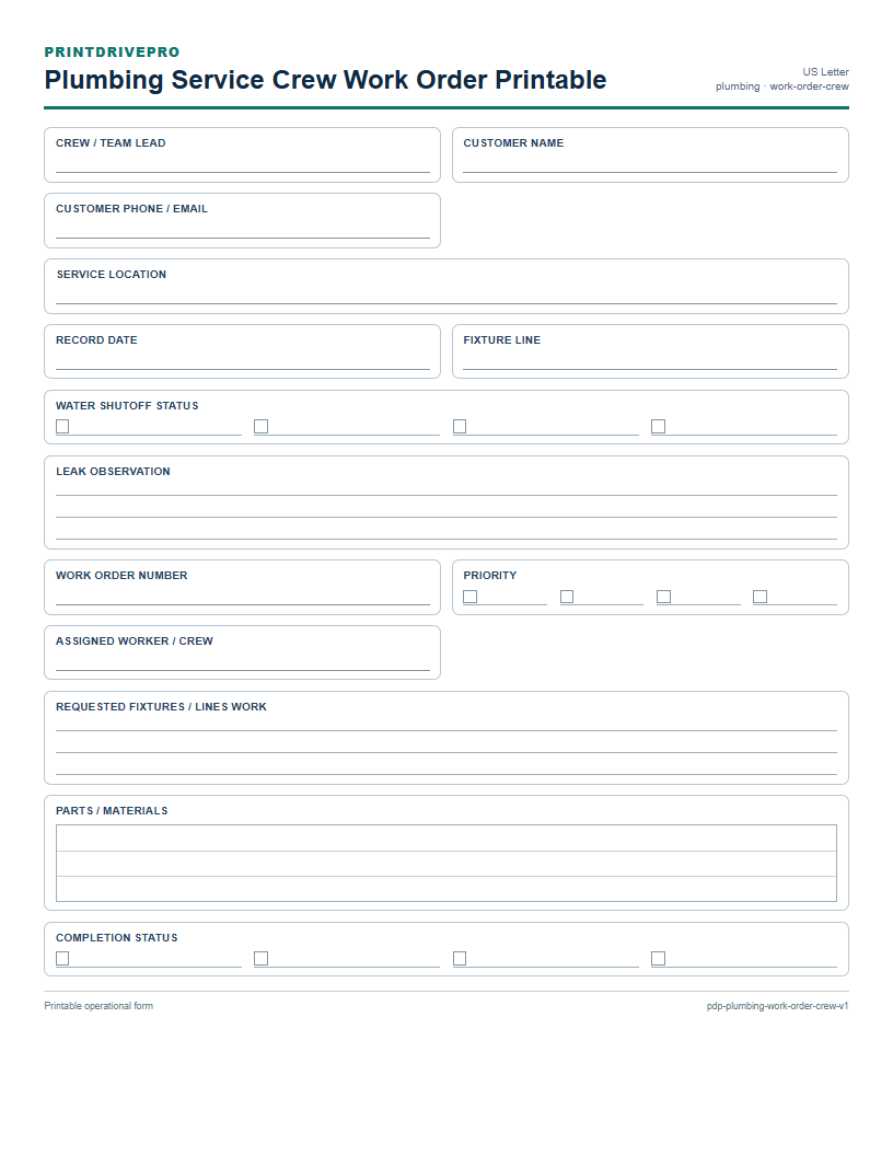 Plumbing Service Crew Work Order Printable preview