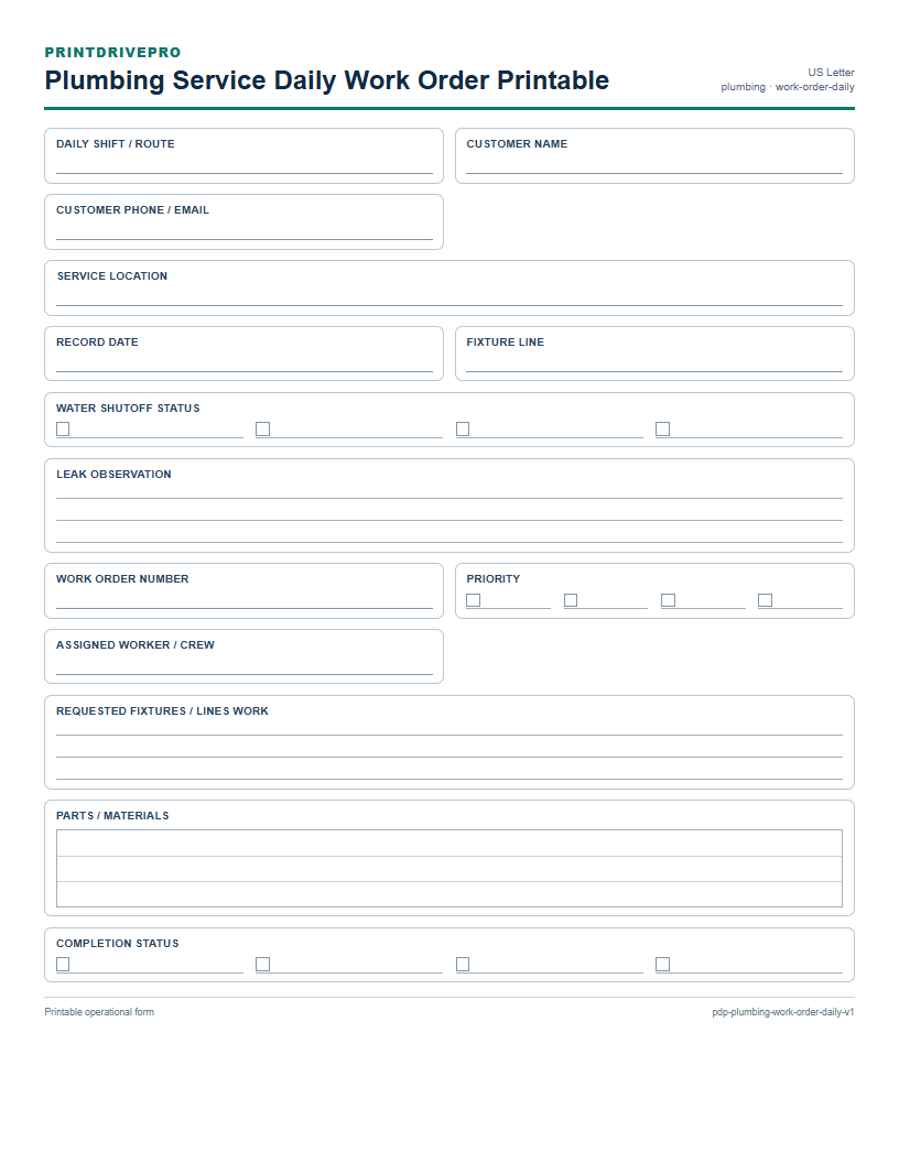 Plumbing Service Daily Work Order Printable preview