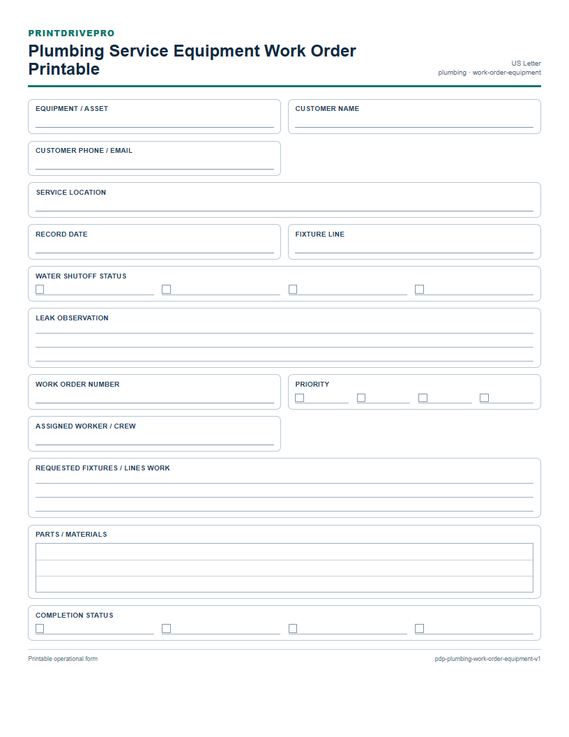 Plumbing Service Equipment Work Order Printable preview