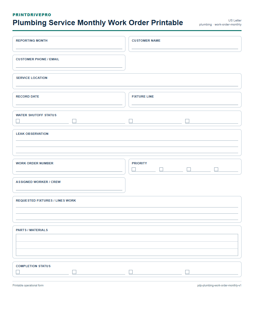 Plumbing Service Monthly Work Order Printable preview