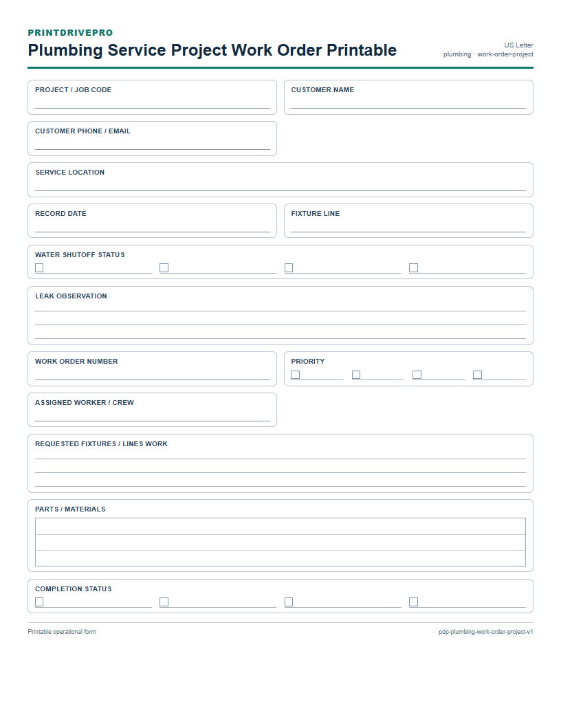 Plumbing Service Project Work Order Printable preview