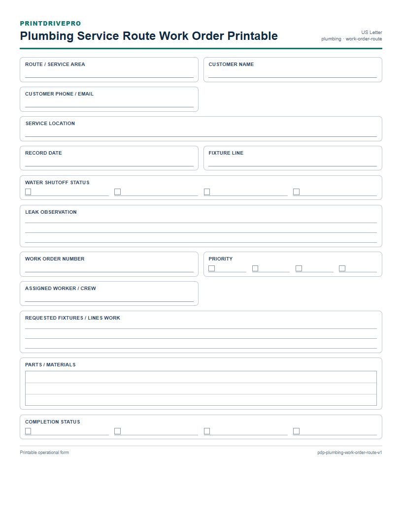 Plumbing Service Route Work Order Printable preview