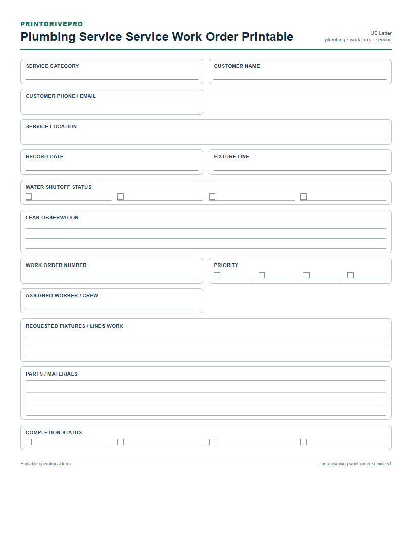 Plumbing Service Service Work Order Printable preview