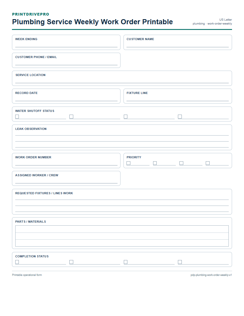 Plumbing Service Weekly Work Order Printable preview